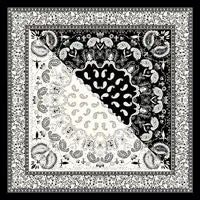 A black and white geometric pattern featuring a diagonal split between intricate floral designs.