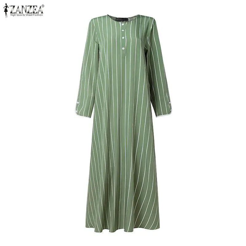 Langes, olivgrünes gestreiftes Maxi-Kleid für bedeckendes Tragen.