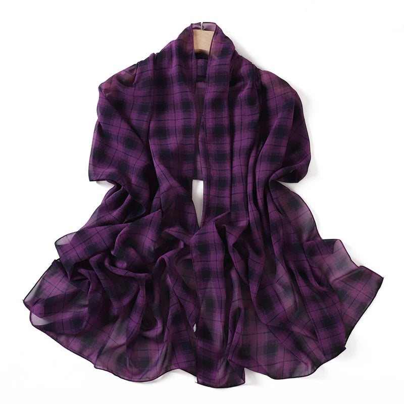 Pañuelo de chifón morado a cuadros, drapeado y doblado para mujeres
