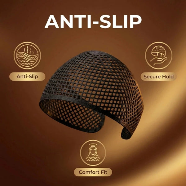 A black anti-slip hijab crown is shown with icons indicating anti-slip, secure hold, and comfort fit.