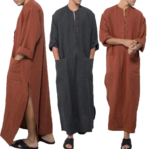 Three models wearing vintage men's Islamic jubba thobe kaftan in terracotta and charcoal gray.