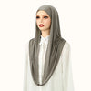 Model wearing a solid gray jersey hijab scarf with a white collar and white top.