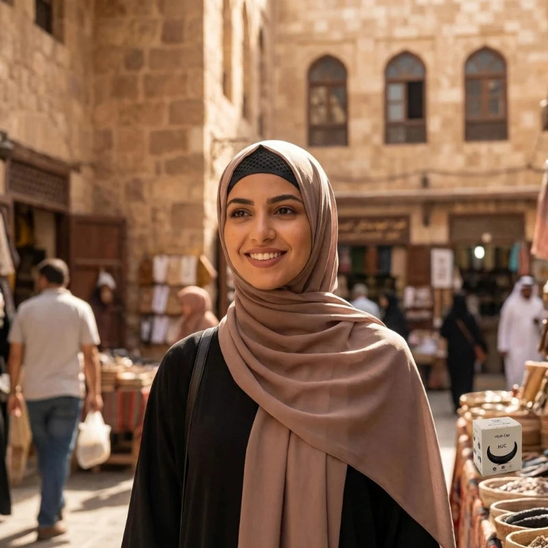 A smiling woman wearing a beige hijab is standing in a market setting.