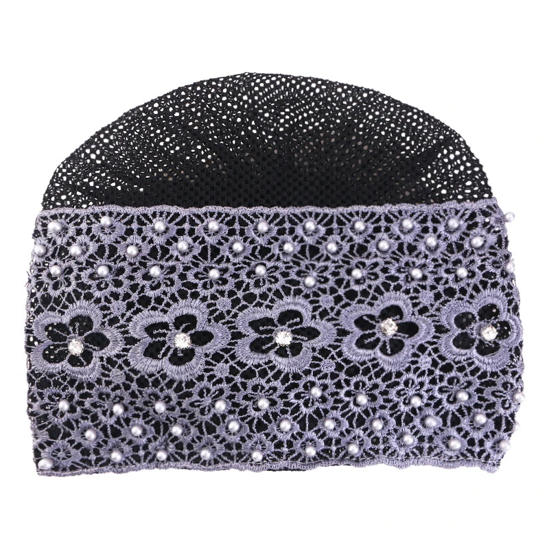 Tocado de encaje bordado floral negro y plateado