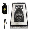 Elegantes Chenille Gebetsmatte-Set mit schwarz-weißem Muster, Tasbih und passender Tragetasche.