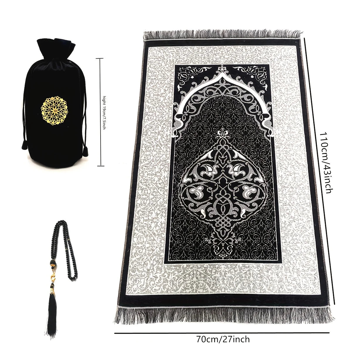 Elegantes Chenille Gebetsmatte-Set mit schwarz-weißem Muster, Tasbih und passender Tragetasche.