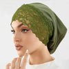Model wearing olive green lace knit inner hijab undercap turban bonnet