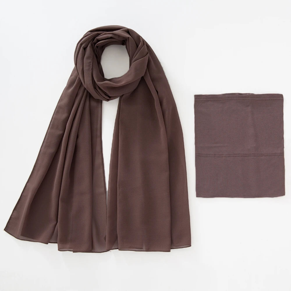A dark brown chiffon hijab and underscarf set displayed flat.