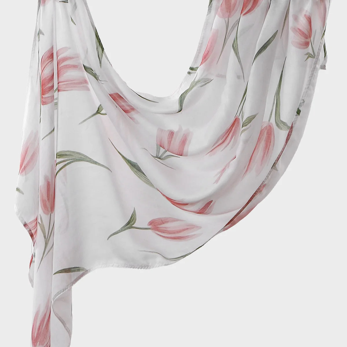 Weißer Leinen-Baustoff-Hijab-Schal mit Aquarelldruck von rosa Tulpen und grünen Blättern