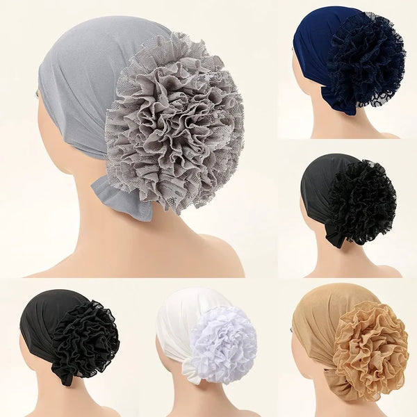 A collection of lace flower volumizer hijab caps in various shades including gray, black, white, and beige.
