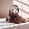 Modell trägt einen floral bedruckten Modal-Schal-Hijab in gedämpften rotbraunen Tönen, liegt auf einer weißen Oberfläche