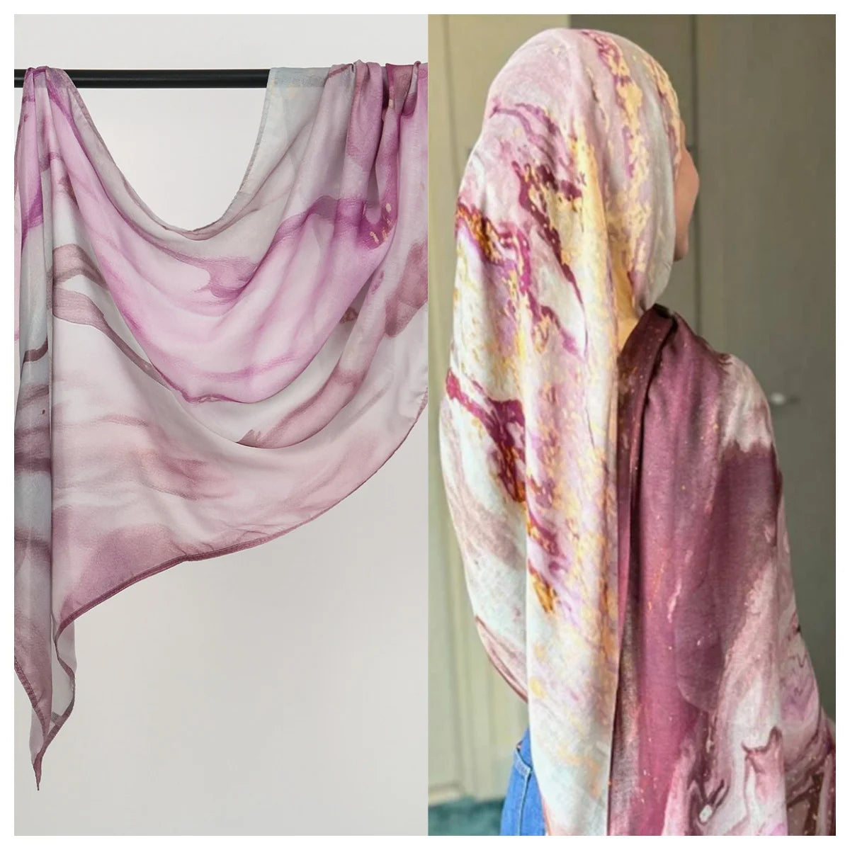 Eine Frau trägt einen rosa-violetten Aquarell-Ombré-gedruckten Rayon-Modal-Hijab-Schal über ihren Kopf.