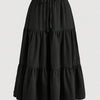 Falda midi A-line bohemia negra con cintura de cordón