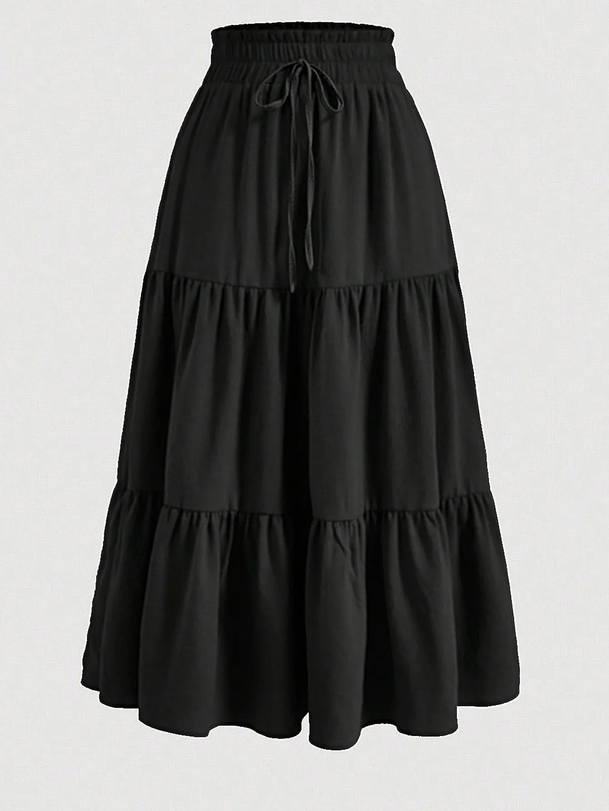 Falda midi A-line bohemia negra con cintura de cordón