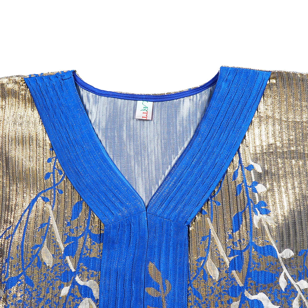 Blau-goldenes traditionelles afrikanisches Dashiki Maxikleid mit V-Ausschnitt
