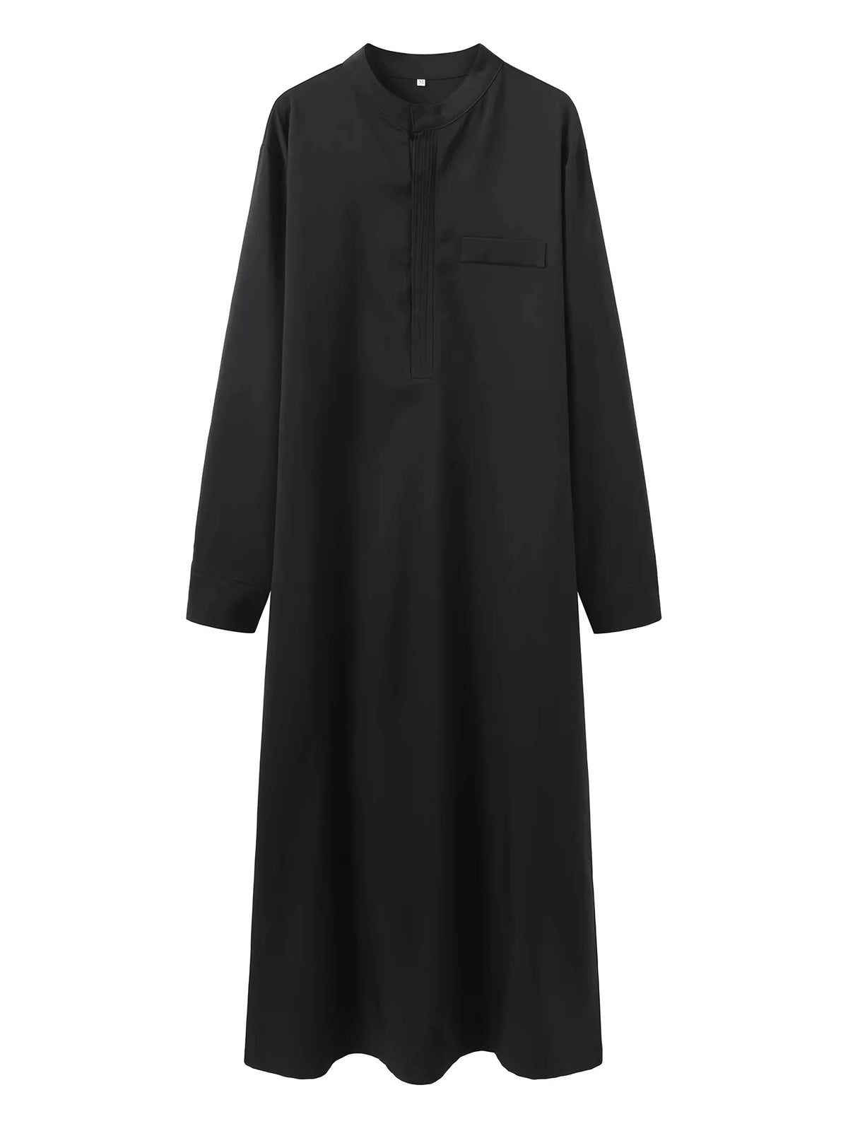 Robe musulmane noire pour hommes avec col et poche poitrine.