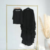 Black ruffled 2-layer chiffon hijab displayed on a gold hanger against a white background.