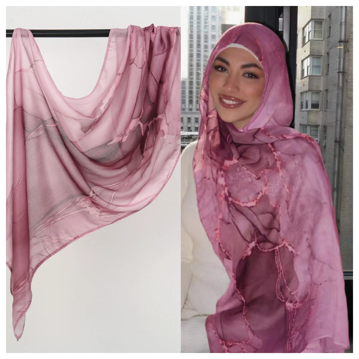 Model wearing a sheer pink watercolor ombre rayon modal hijab scarf draped over head and shoulders.