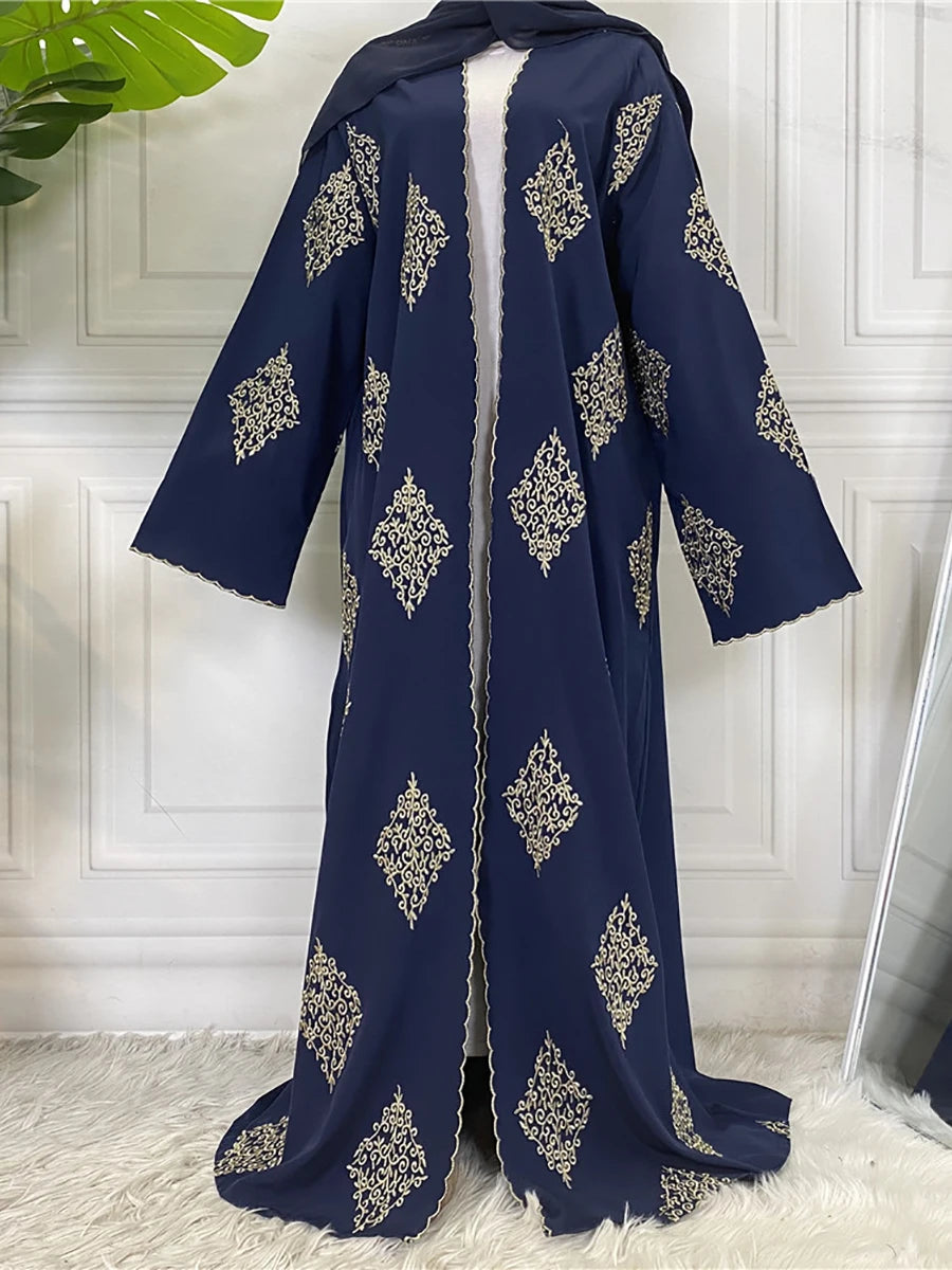 Abaya kaftan élégante bleu marine islamique pour femmes avec broderie dorée