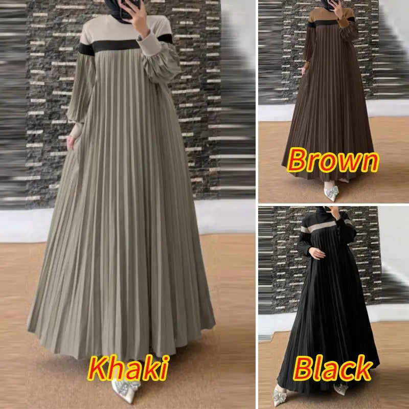 Robe caftan à plis marron de longueur entière, vue verticale.