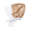 Elegant satin hijab cap and undercap set in gold and white.