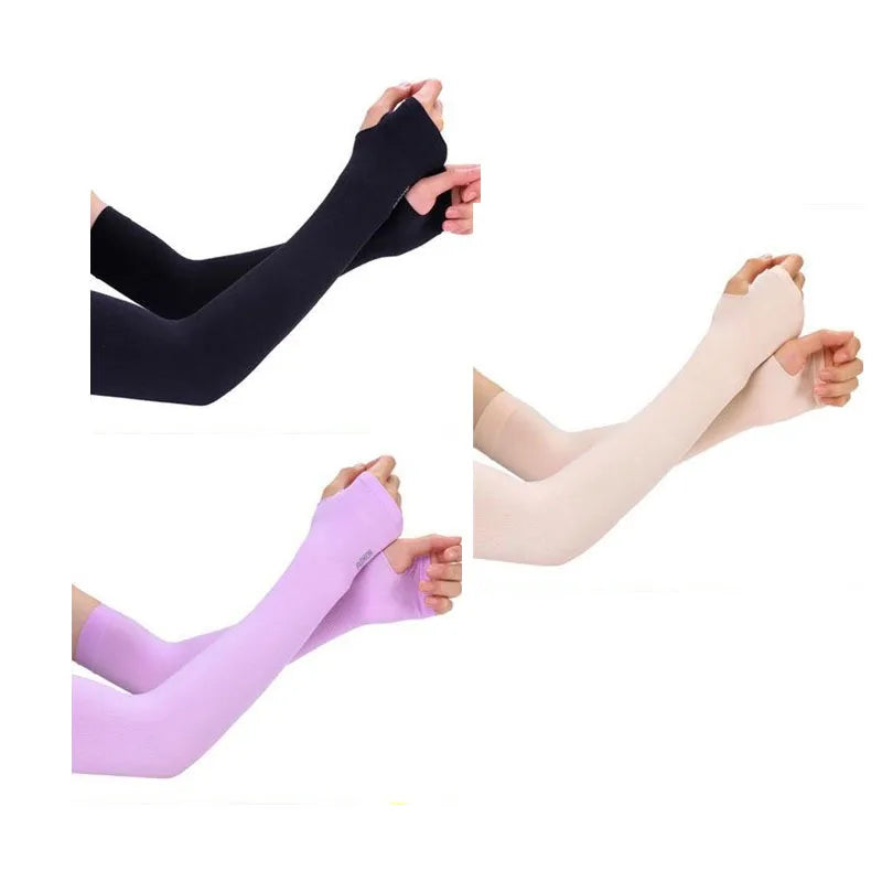 Three arm sleeves in black, beige, and purple showing different colors for cooling UV protection sports gear