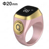 Pinkes goldfarbenes Ring mit einem schwarzen digitalen Zähler, der 66 anzeigt, als digitaler Tasbih-Zähler.