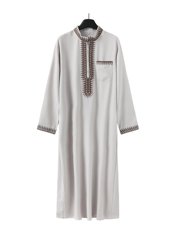 A light gray Moroccan men's ethnic thobe featuring a stand collar and embroidered details.