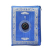 Blue portable braided prayer rug featuring an ornate border and a compass rose design.