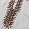 Close-up of a light gray Moroccan men's ethnic thobe featuring intricate brown embroidery on the stand collar.