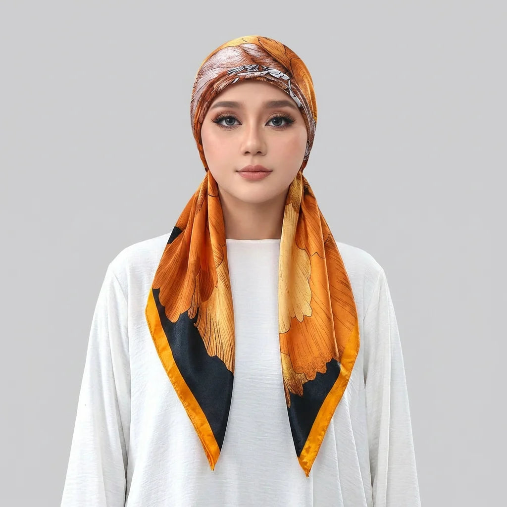 Une femme portant un foulard instant en satin orange et noir autour de sa tête.